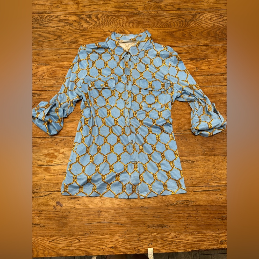 Casually Elegant Silk Soft Blue & Gold Knotted Nautical Rope Button Up Top - Picture 2 of 7